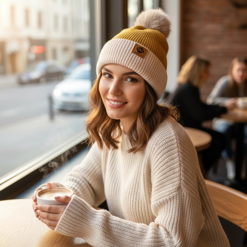 POMPOM TWO TONES BEANIE MUSTARD COLOR